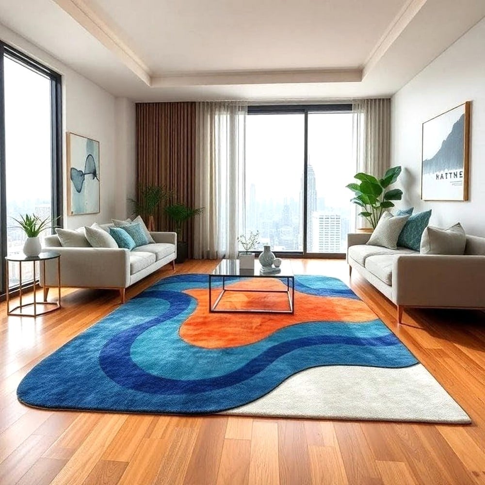 Handcrafted Blue Wave Abstract Living Room Rug